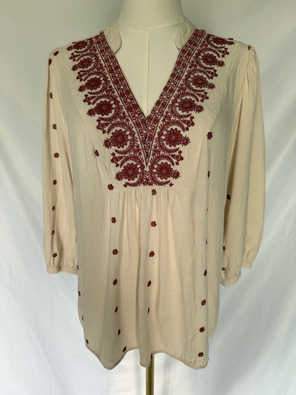 Figueroa & Flower Embroidered Boho Peasant Blouse - Cream & Burnt Orange Small
